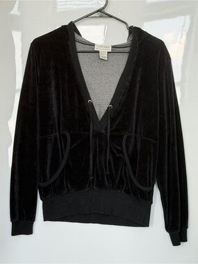 Y2K Club Soda Quality Sportswear Women's L Black Velour Pullover Hoodie Pockets